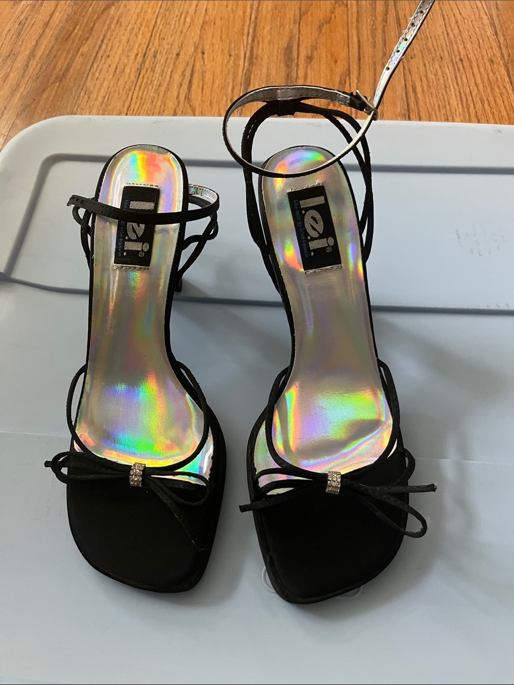 lei Black Strappy Ankle-Tie Heels with Iridescent Insole
